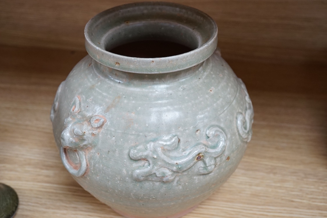 A celadon glazed archaistic Han style vase and Gu vase, largest 21cm high